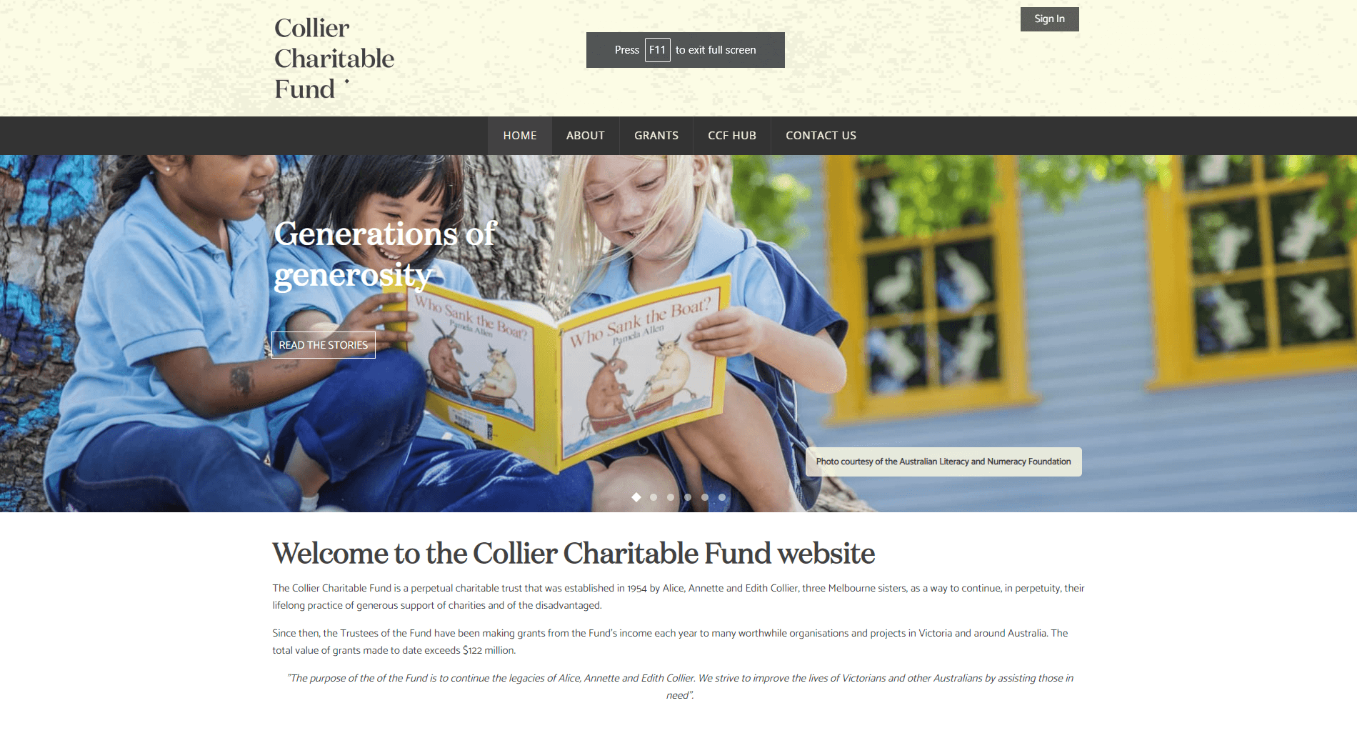 screenshot of collier charitable fund website